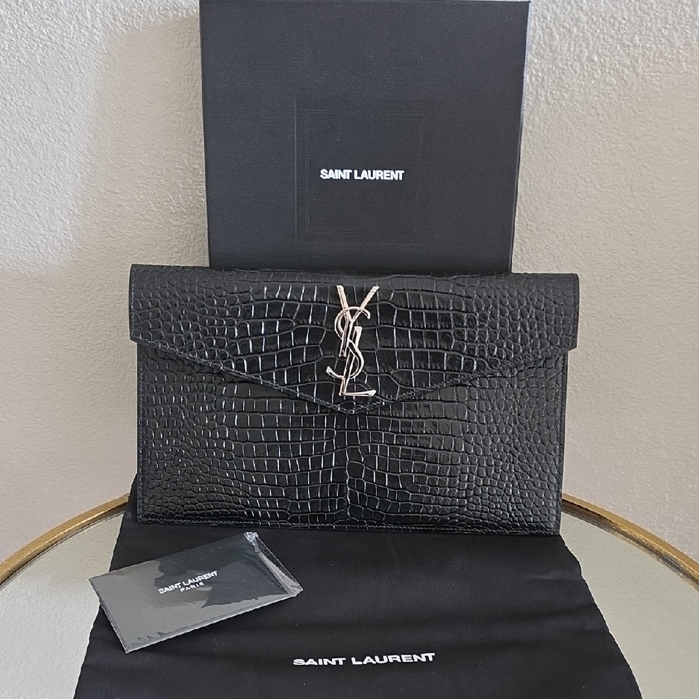 AUTHENTIC YSL Black Croc-Embossed Uptown Clutch with Silver Hardware
